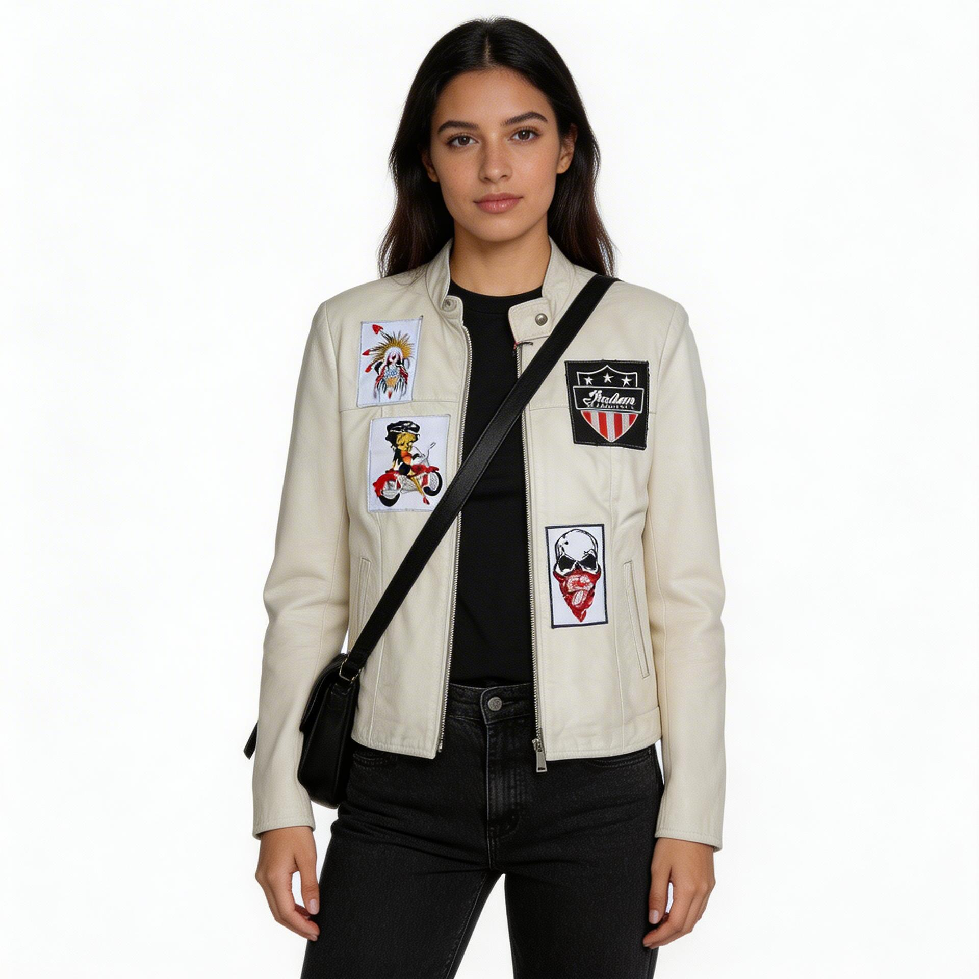 Ladies white leather jacket.