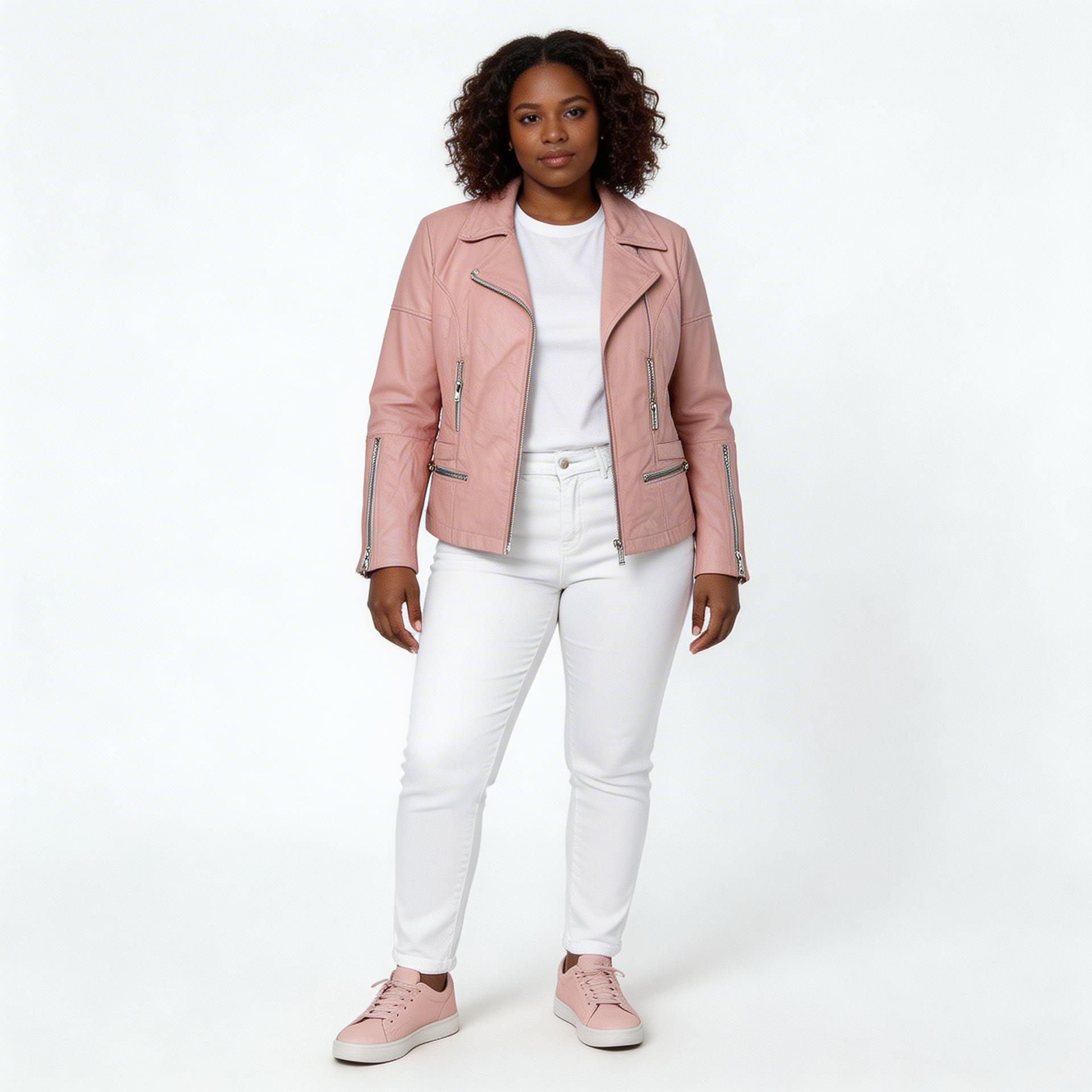 Ladies pink leather jacket.