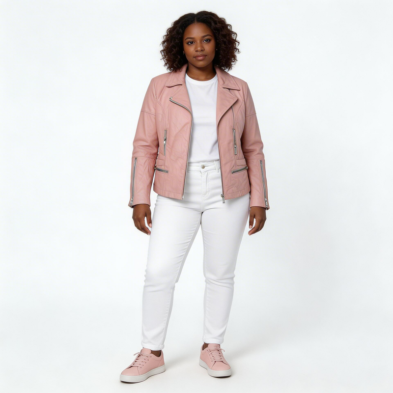 Ladies pink leather jacket.