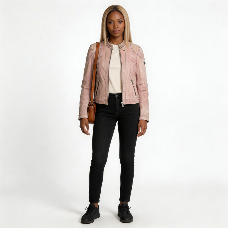 Ladies pink leather jacket.