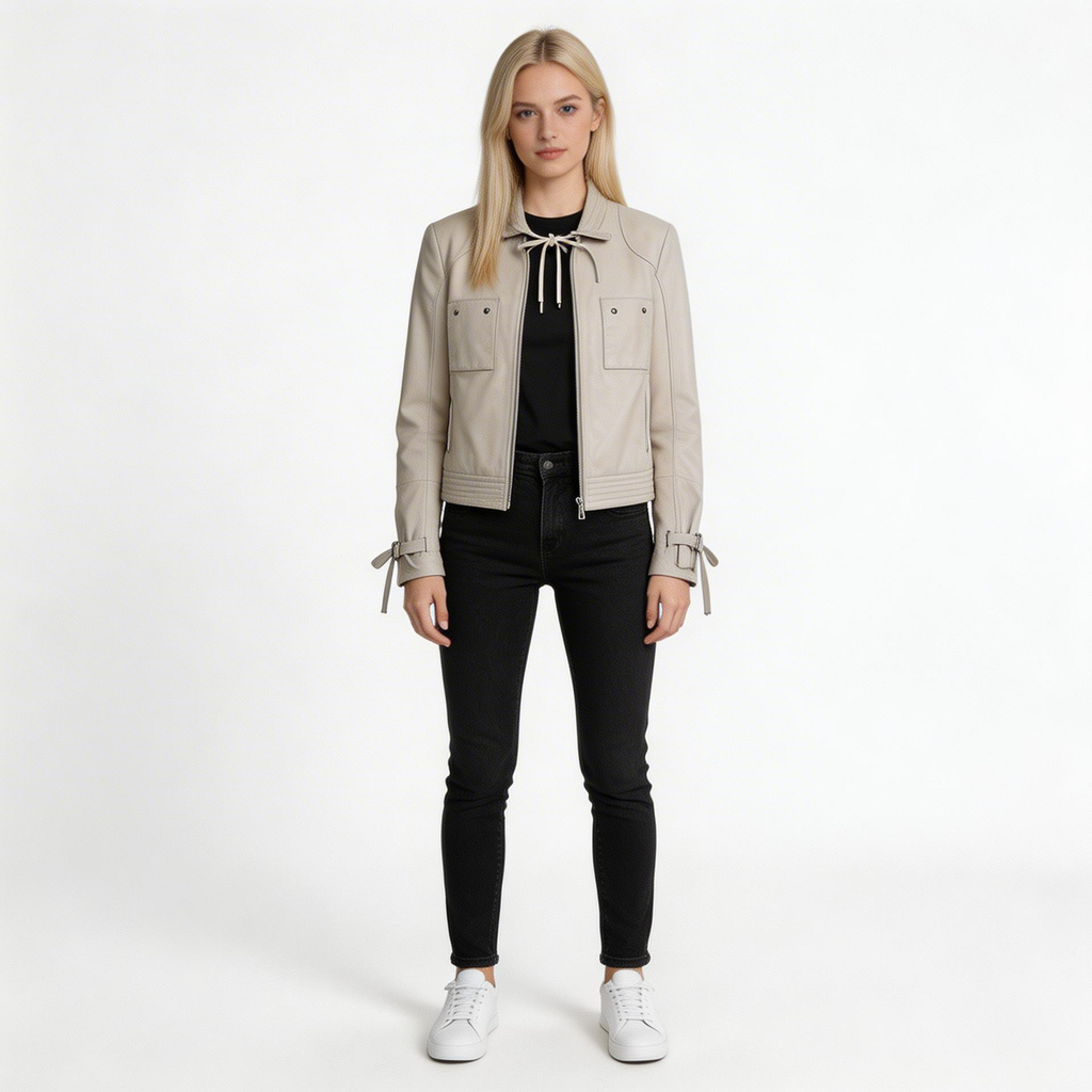 Ladies grey leather jacket.