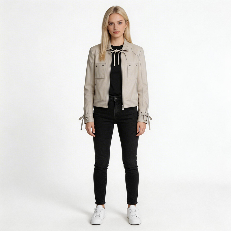Ladies grey leather jacket.