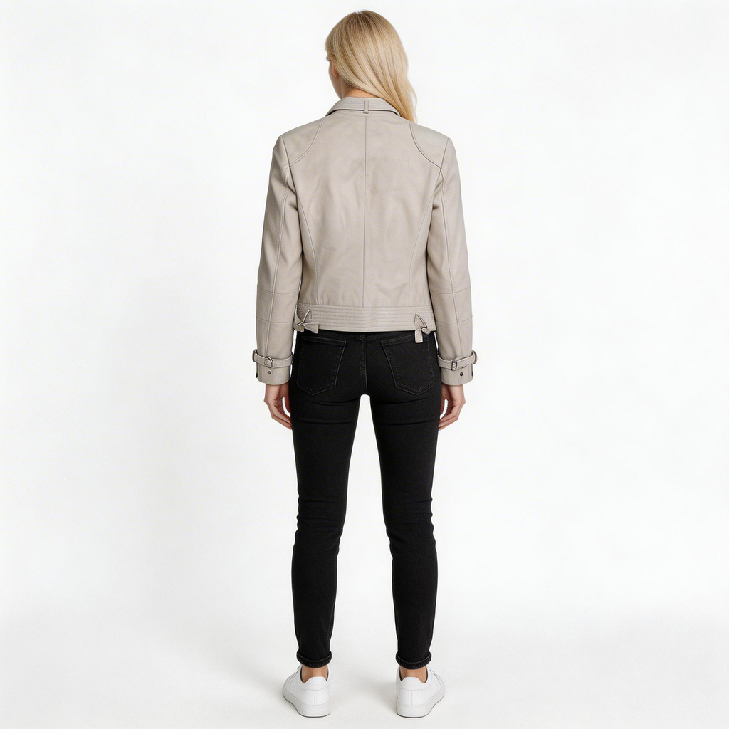 Ladies grey leather jacket.