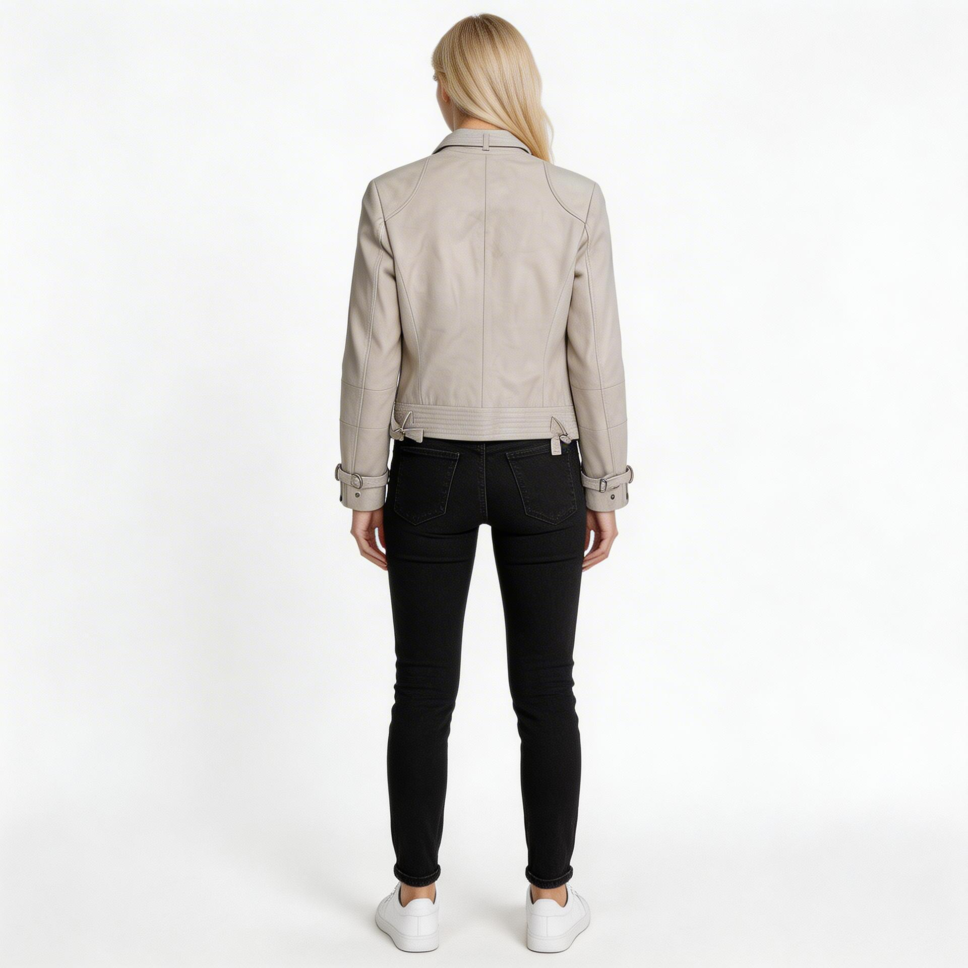 Ladies grey leather jacket.
