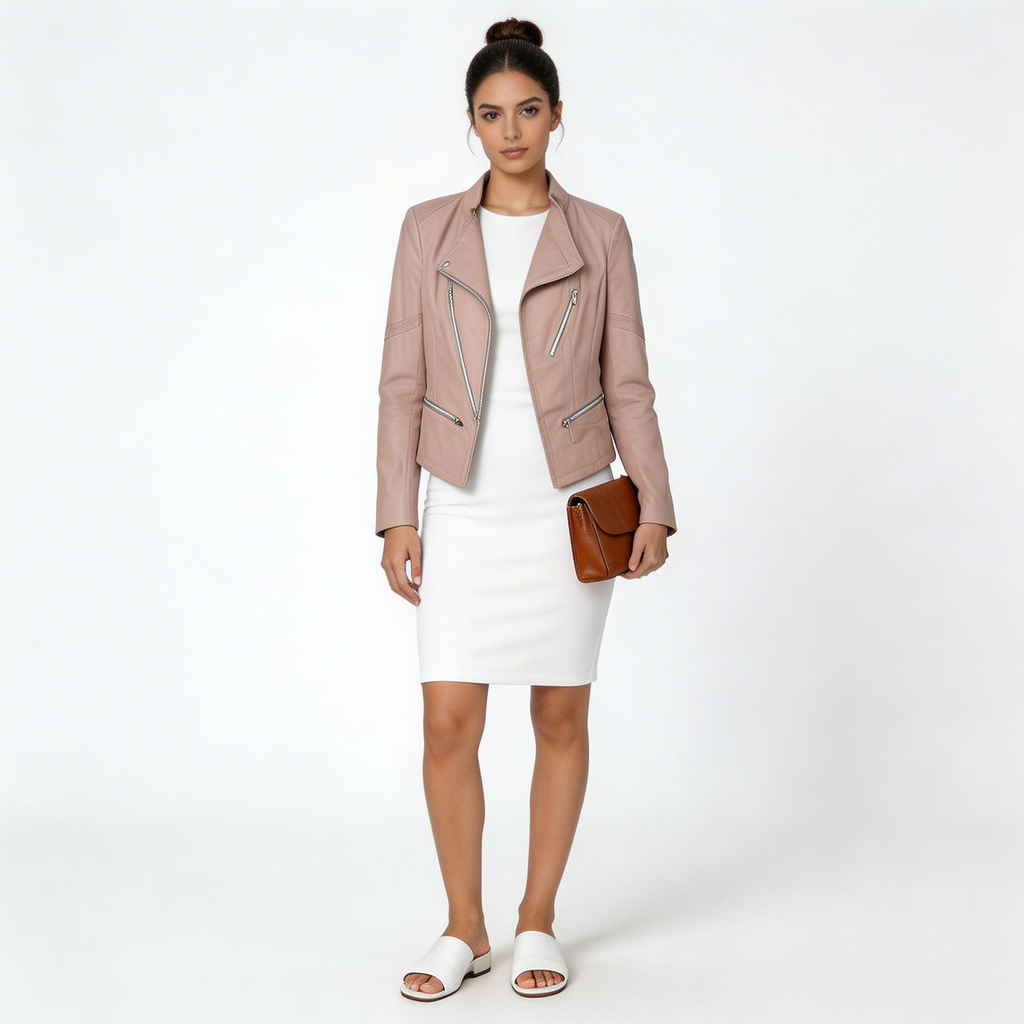 Ladies pink leather jacket.