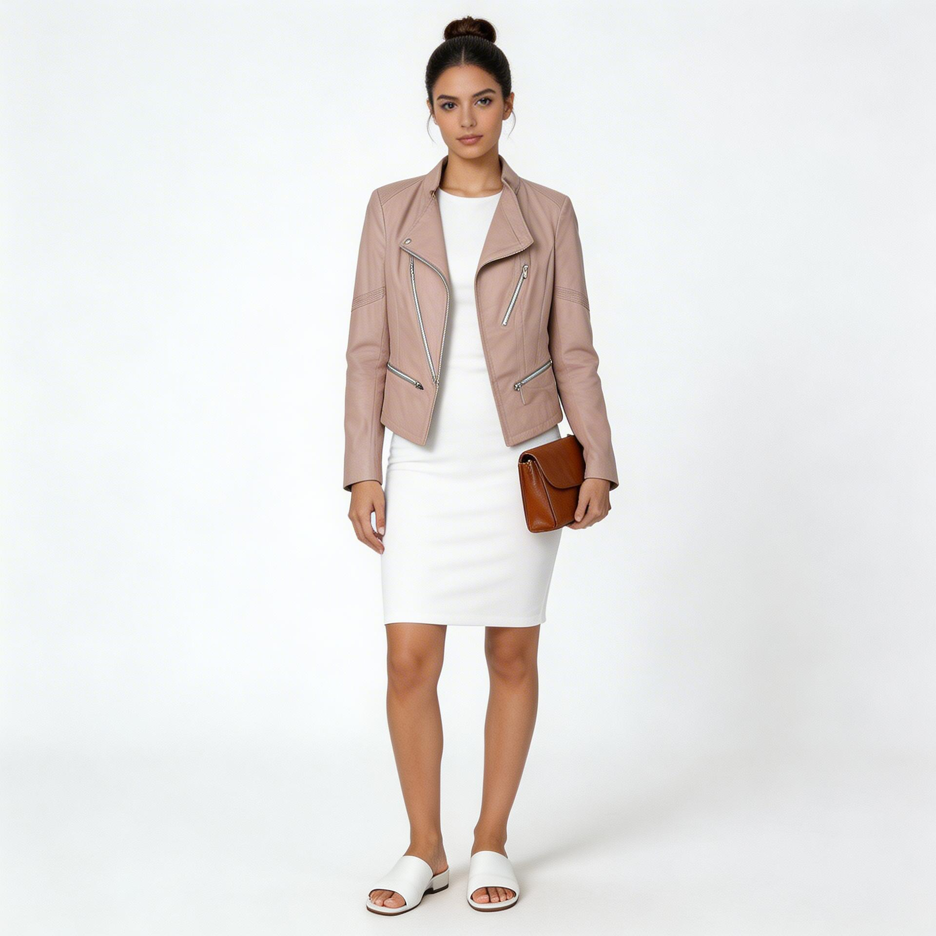 Ladies pink leather jacket.