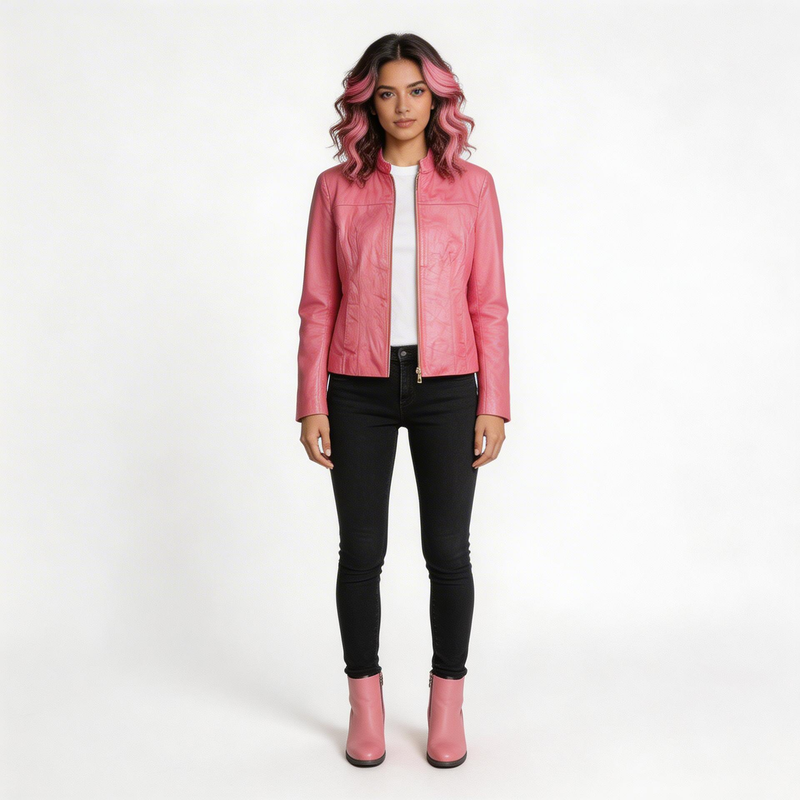 Ladies pink leather jacket.