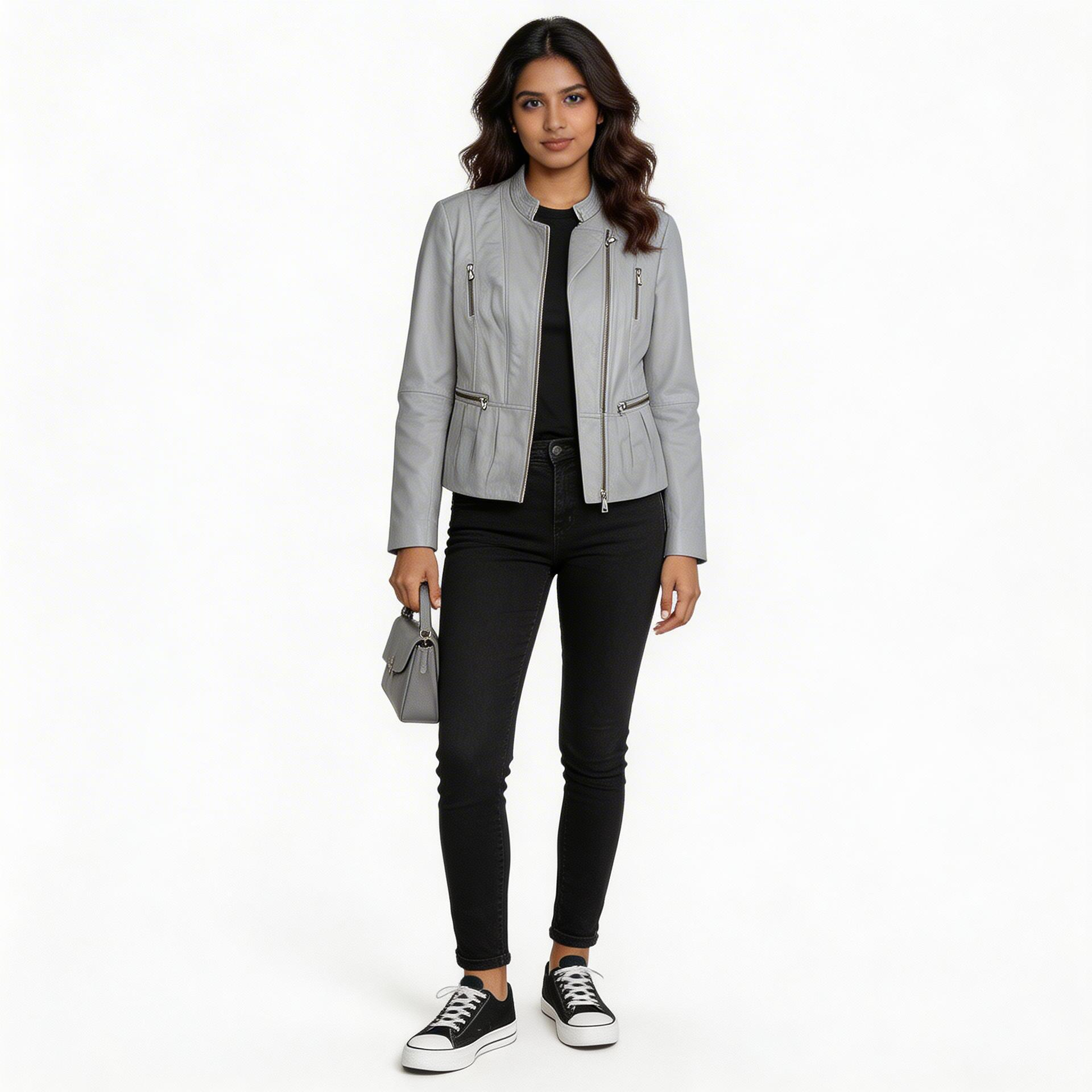 Ladies grey leather jacket.
