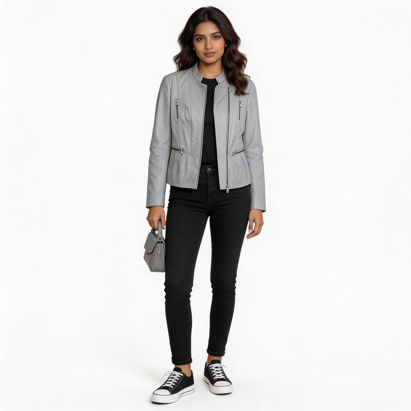 Ladies grey leather jacket.