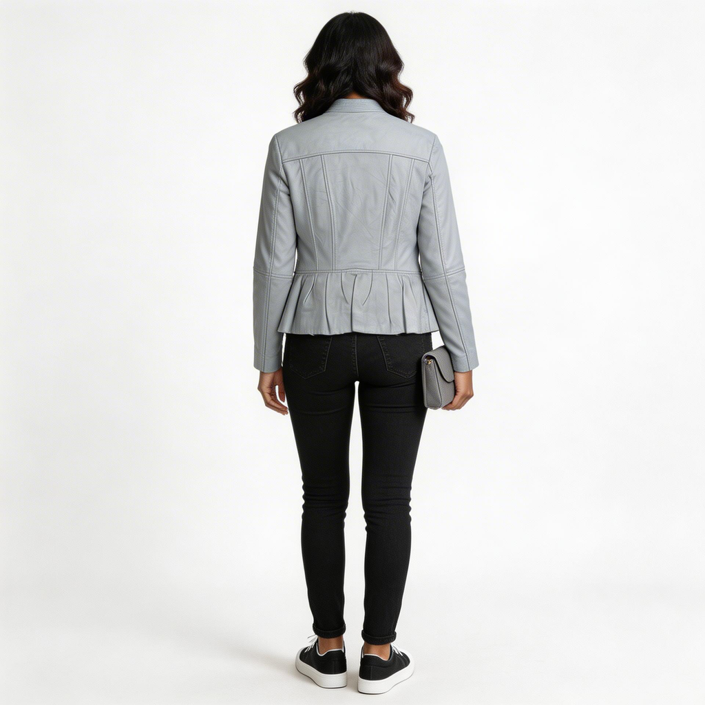 Ladies grey leather jacket.