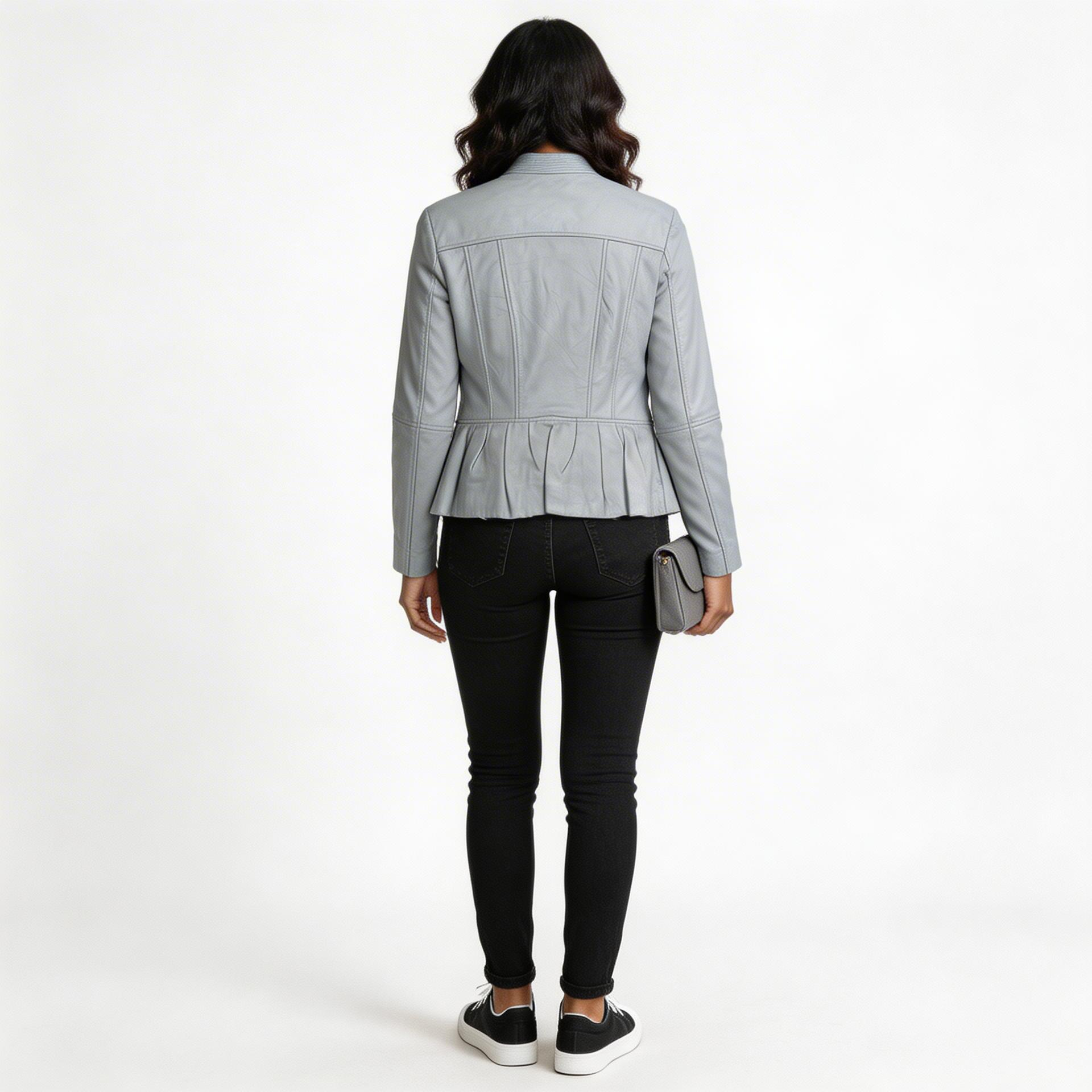 Ladies grey leather jacket.