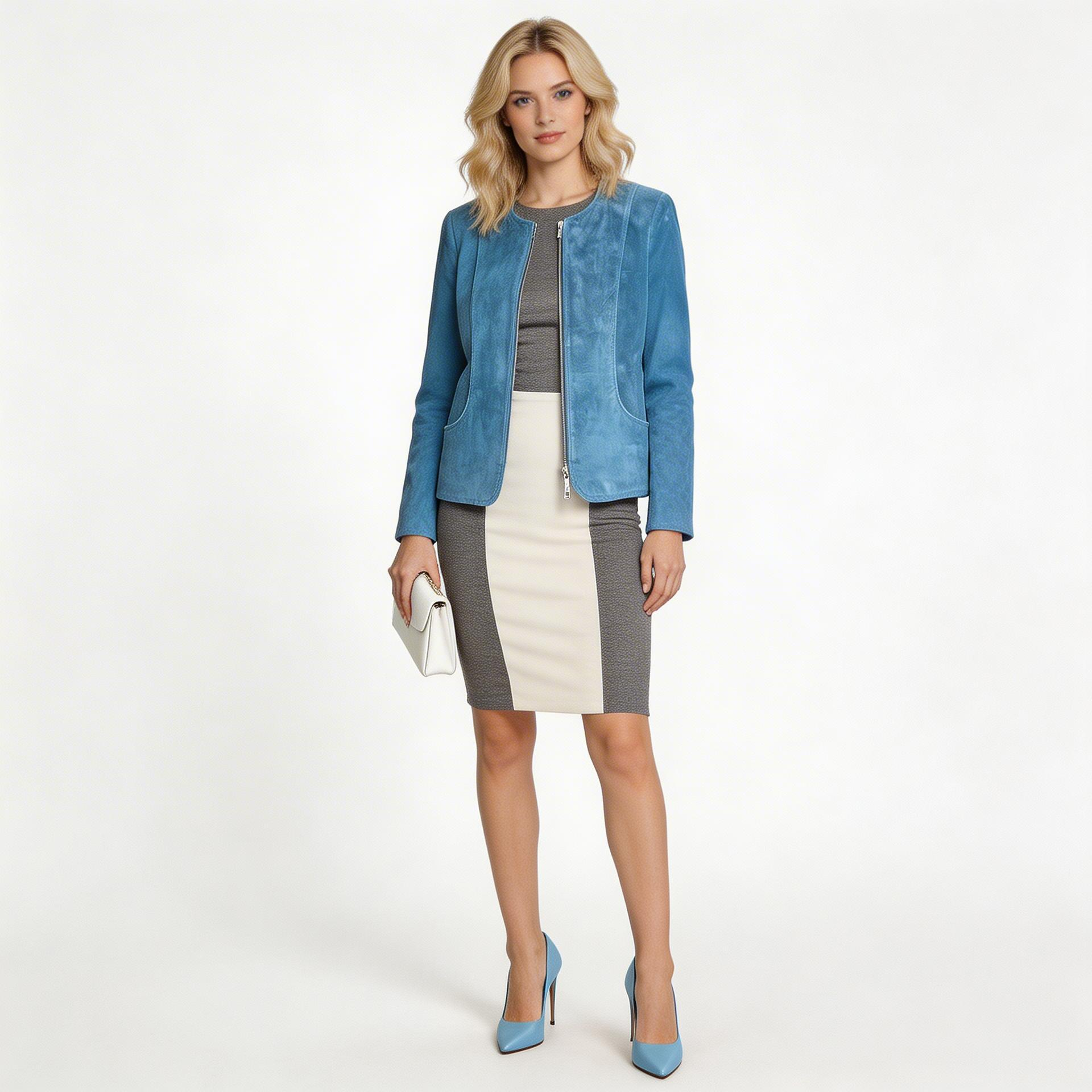 Ladies blue leather jacket.