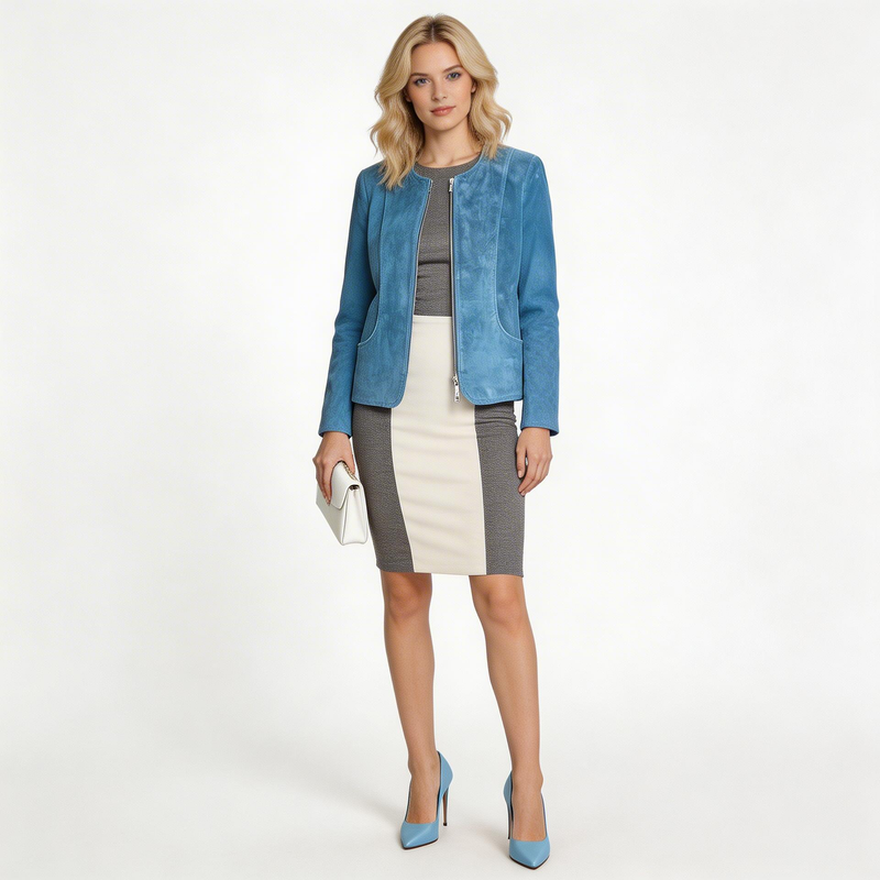 Ladies blue leather jacket.