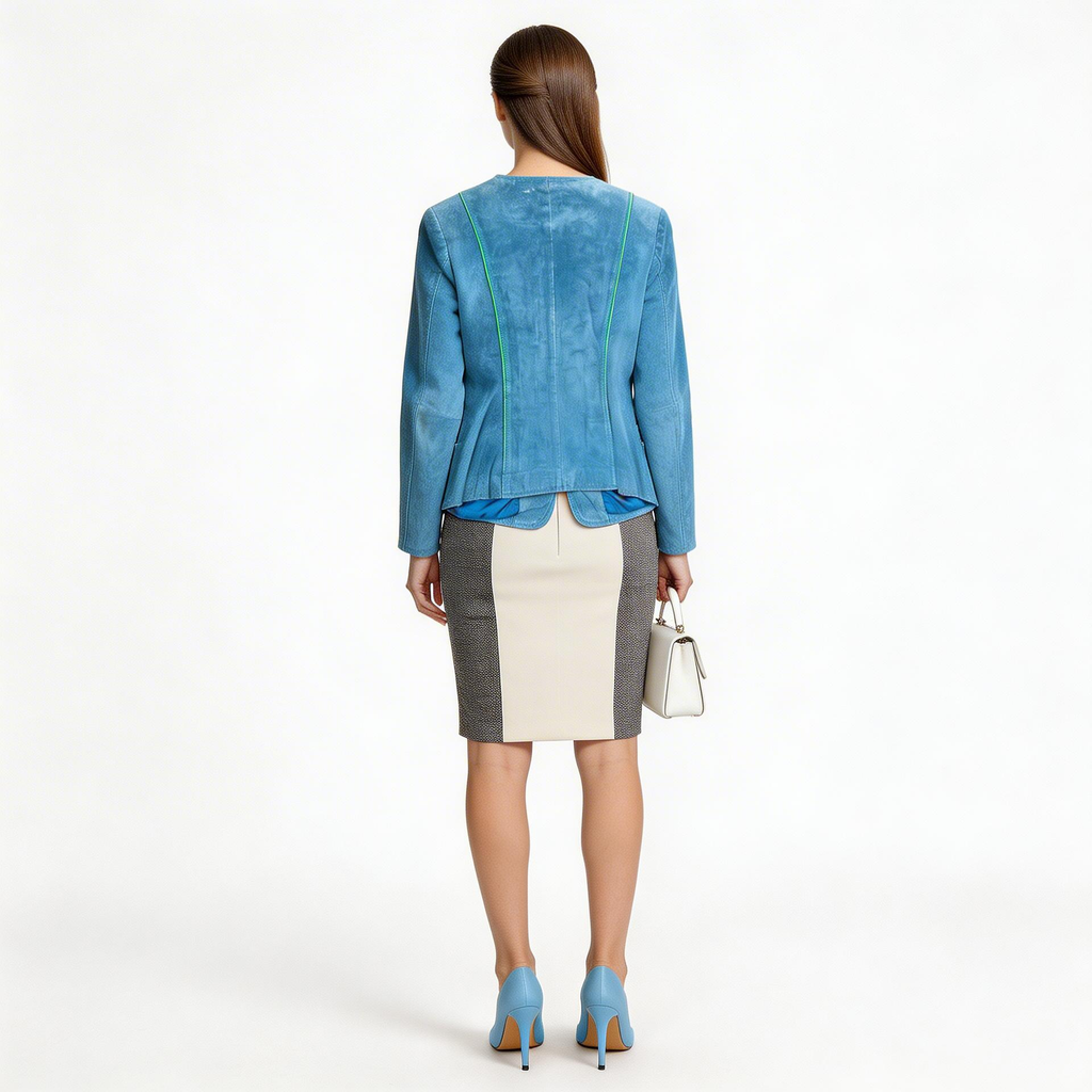 Ladies blue leather jacket.