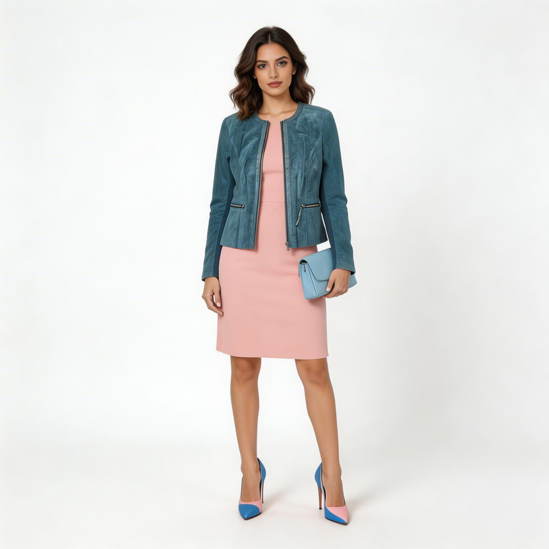 Ladies blue leather jacket.