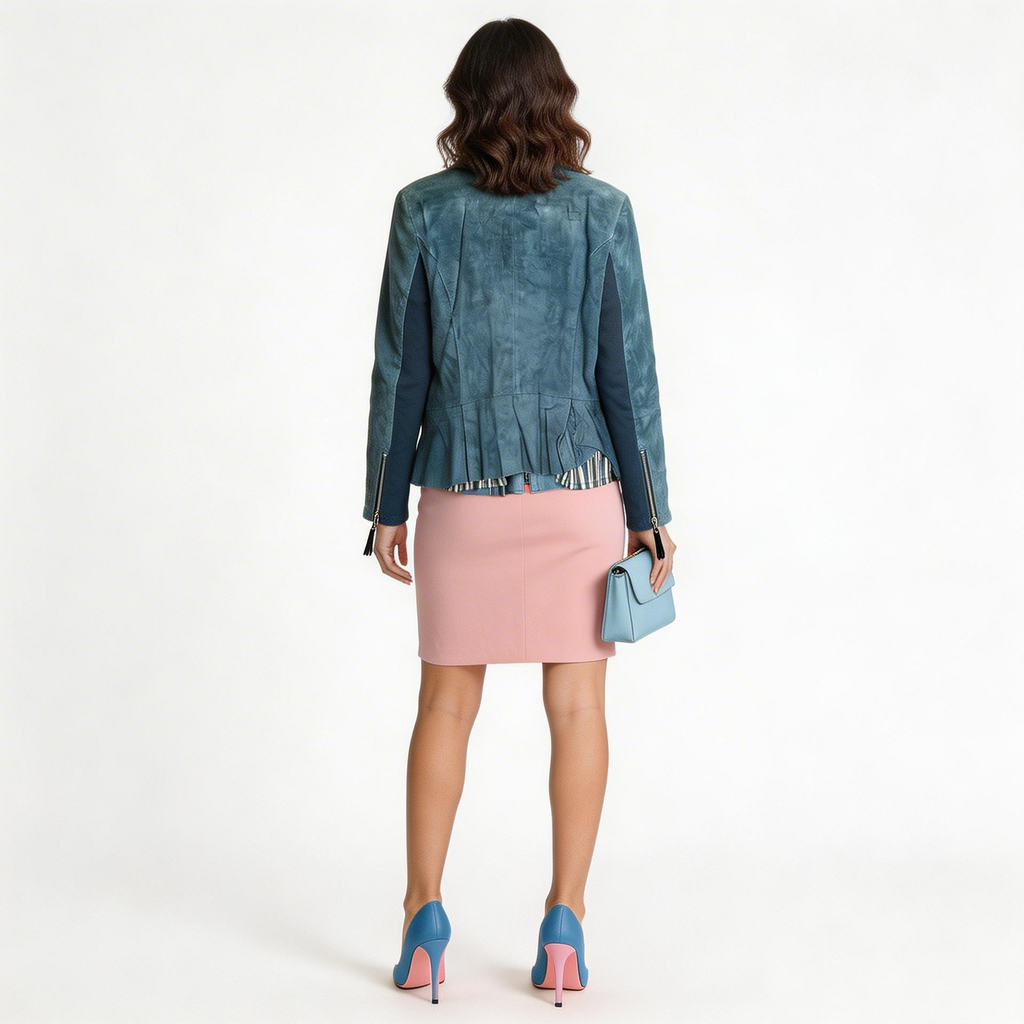 Ladies blue leather jacket.
