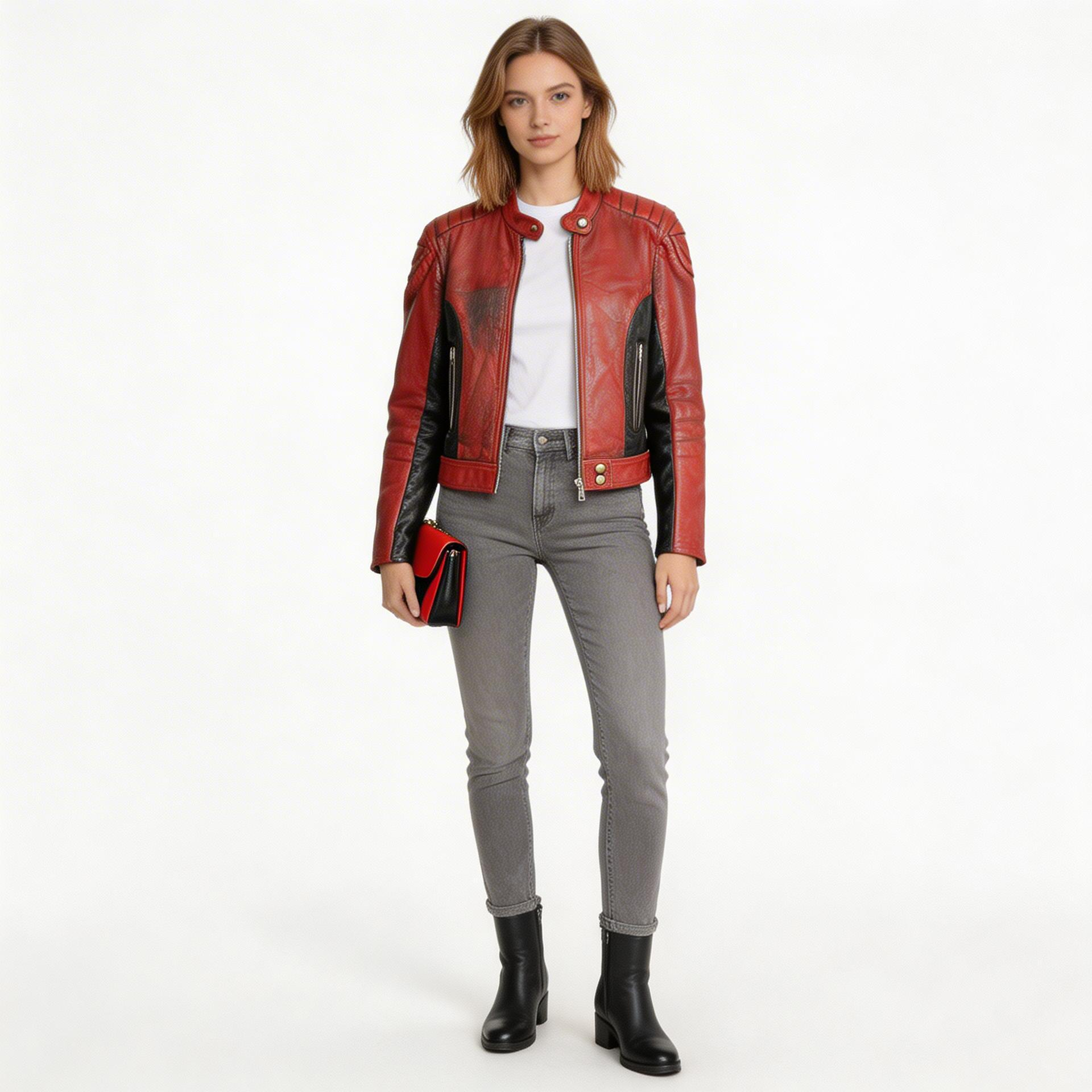 Ladies red & black leather jacket.