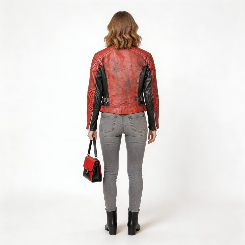 Ladies red & black leather jacket.