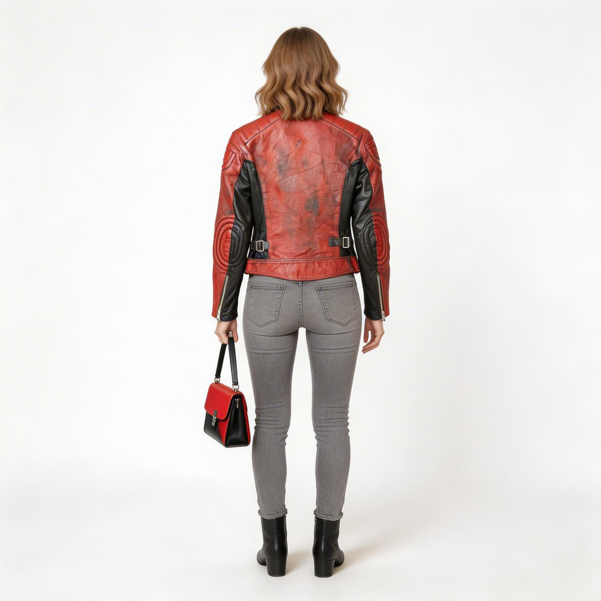 Ladies red & black leather jacket.