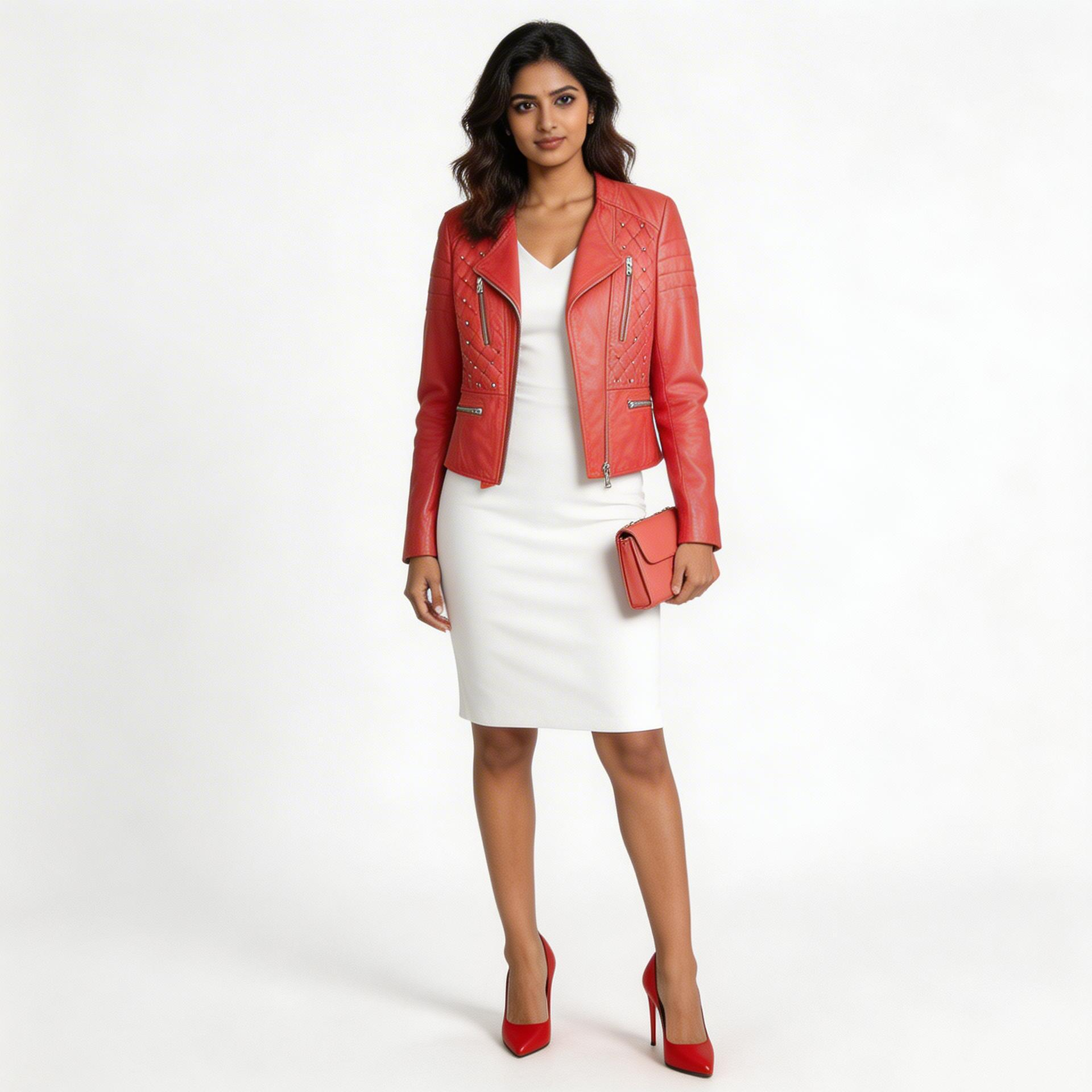 Ladies red leather jacket.