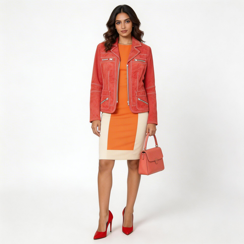 Ladies red leather jacket.