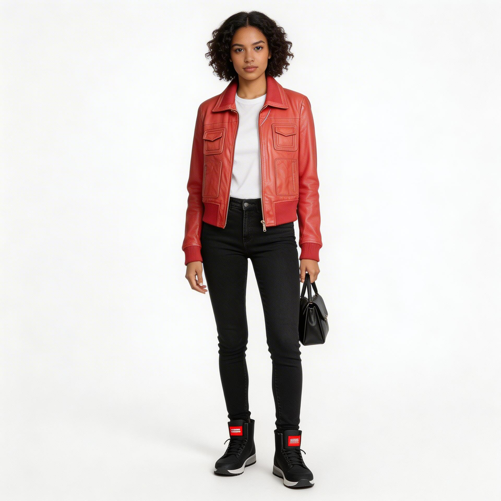 Ladies red leather jacket.