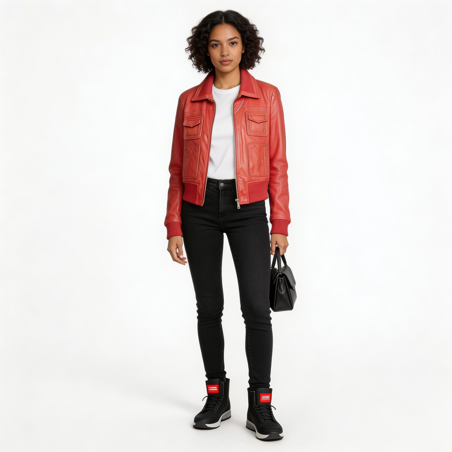 Ladies red leather jacket.