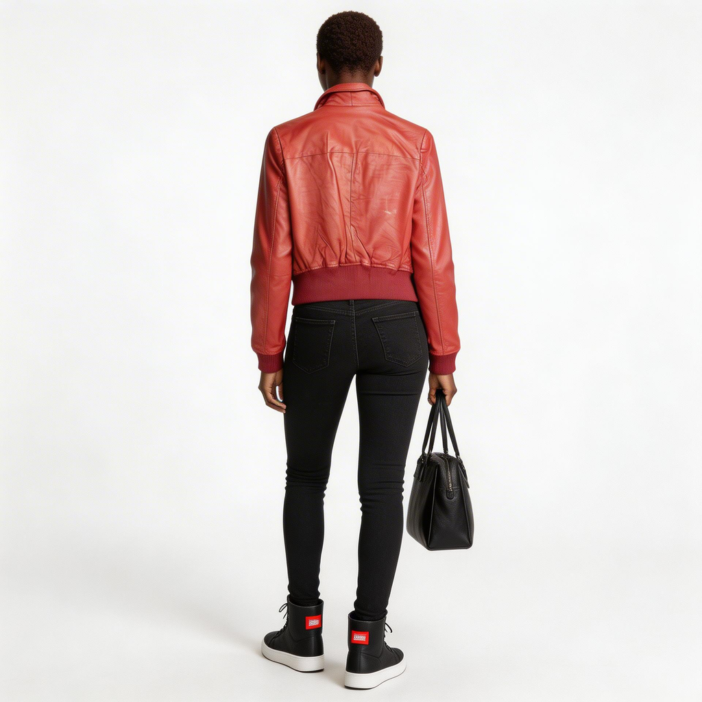 Ladies red leather jacket.