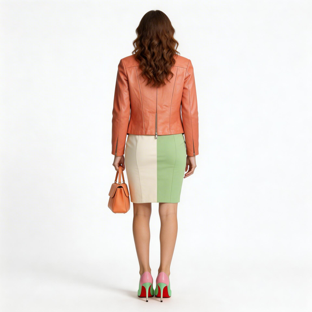 Ladies deep orange leather jacket.
