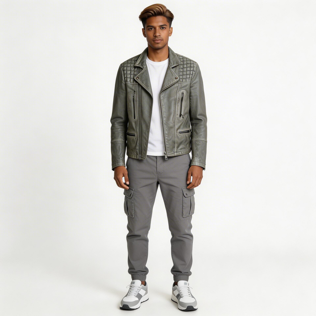 Faded grey leather jacket for man.