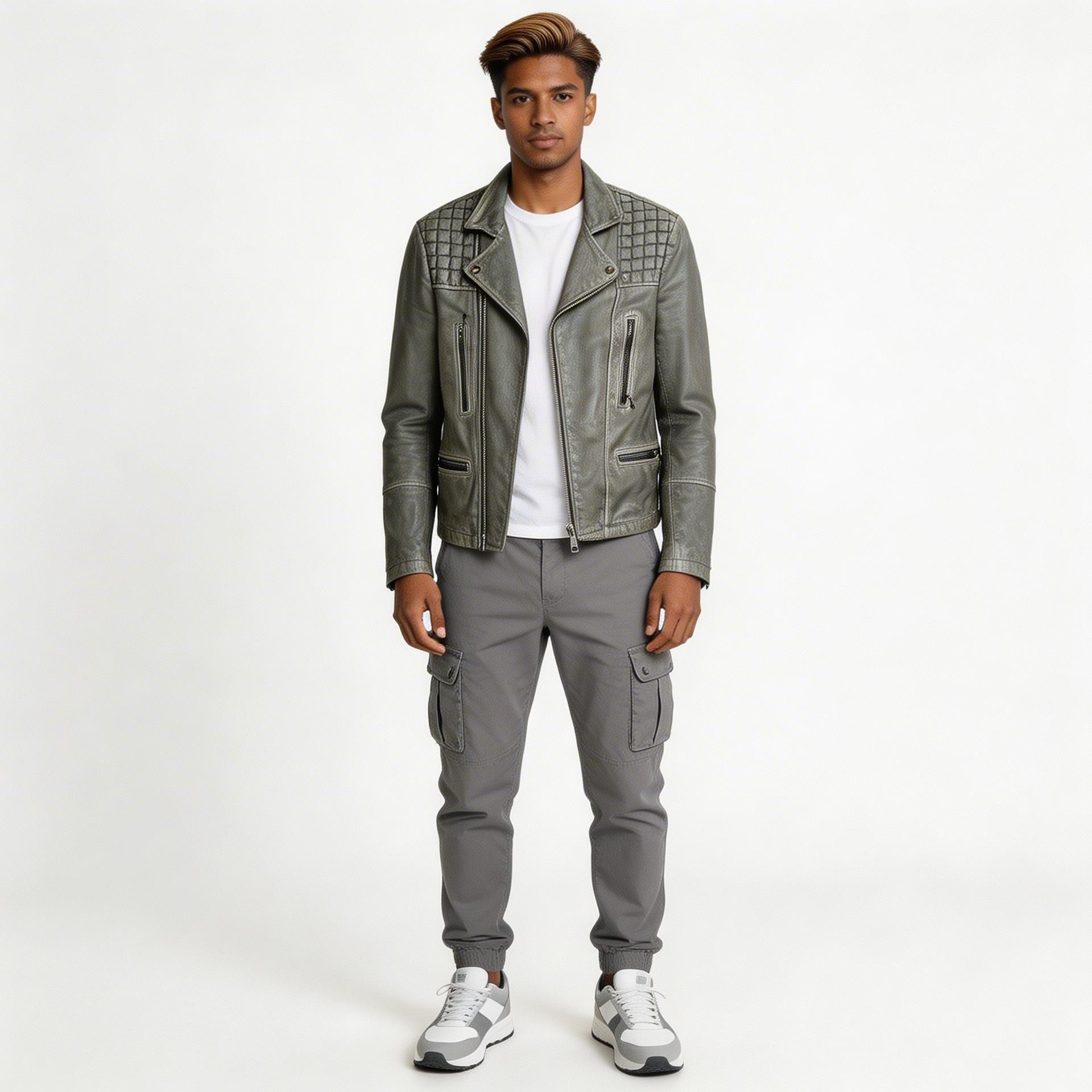 Faded grey leather jacket for man.