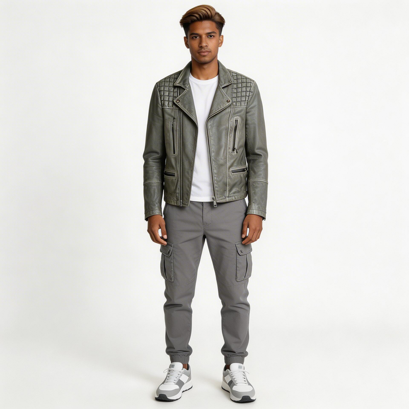 Faded grey leather jacket for man.