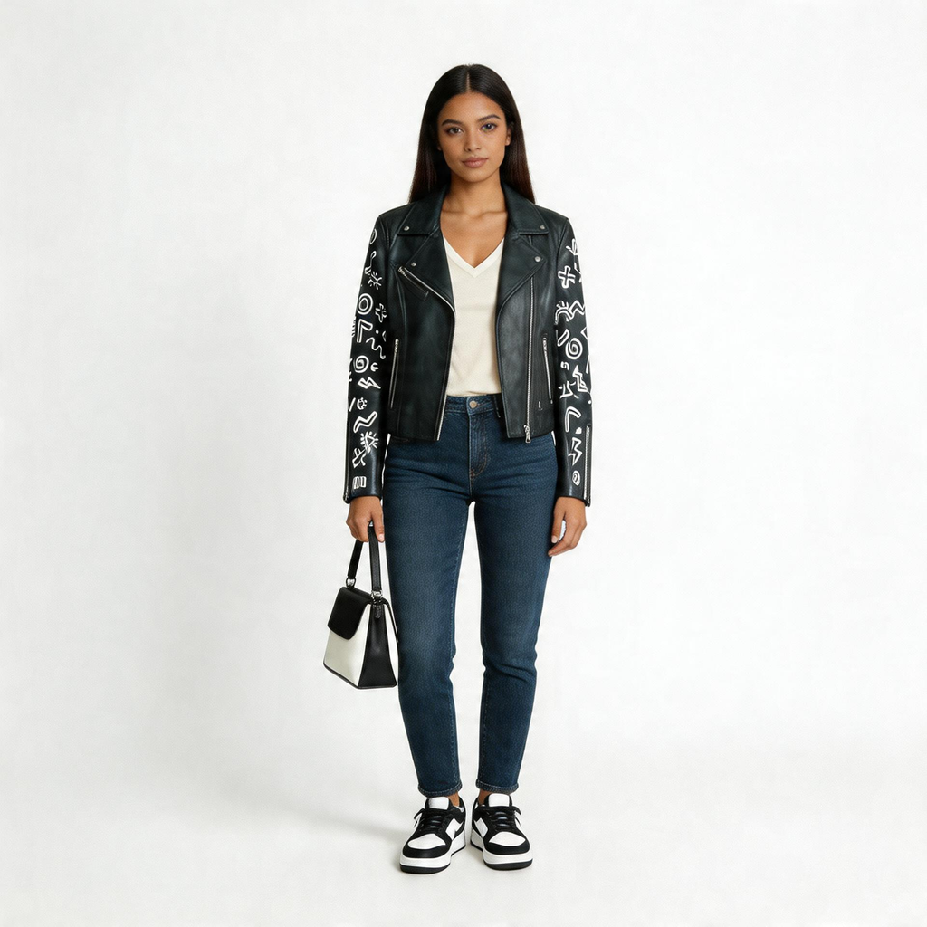 Ladies black leather jacket.