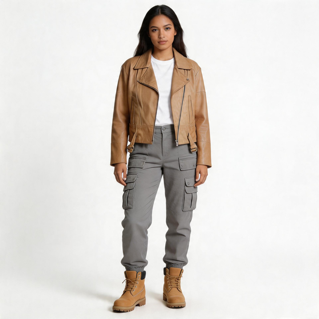 Ladies brown leather jacket.