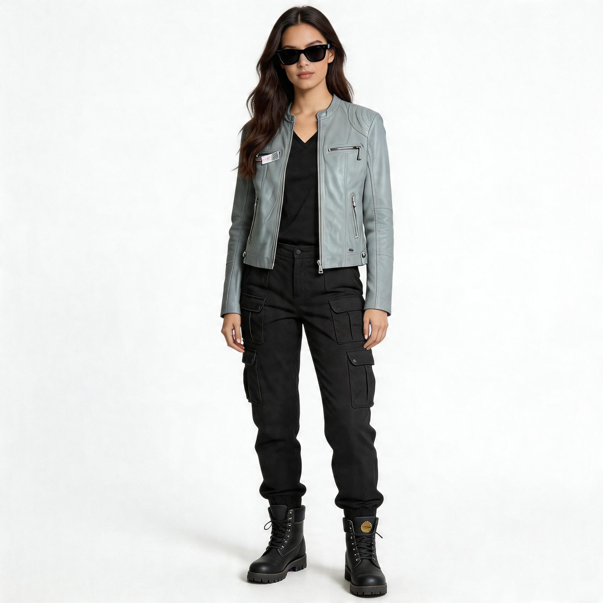 Ladies grey leather jacket.