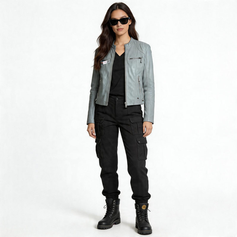 Ladies grey leather jacket.