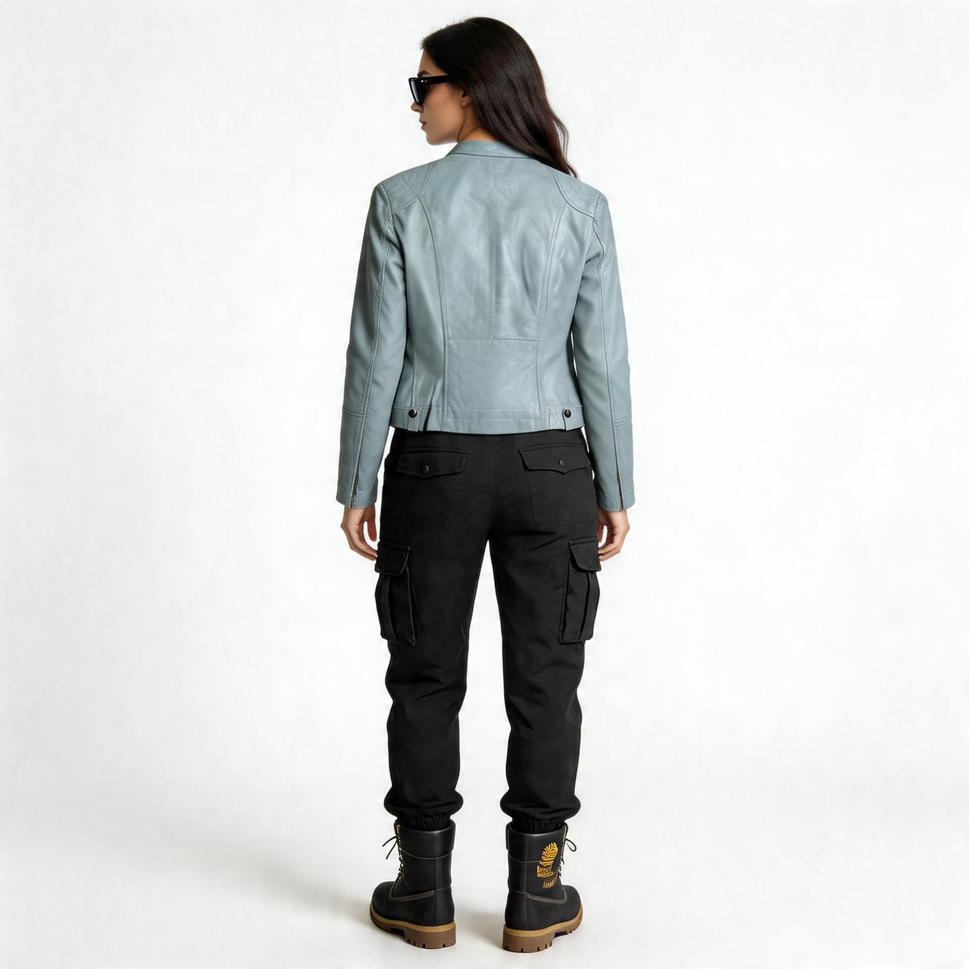 Ladies grey leather jacket.