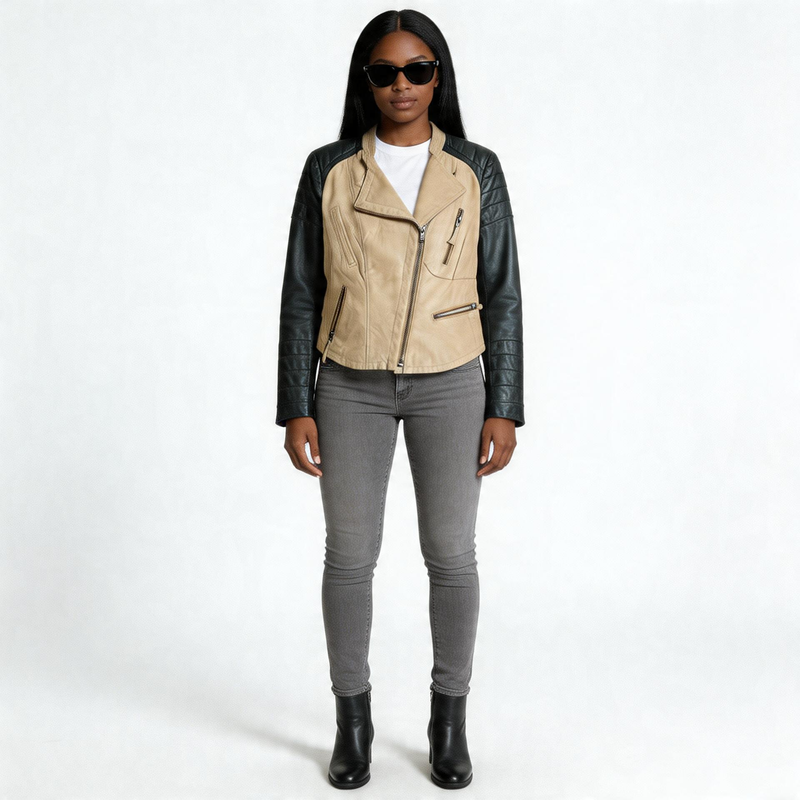 Ladies Brown & Charcoal Black leather jacket.
