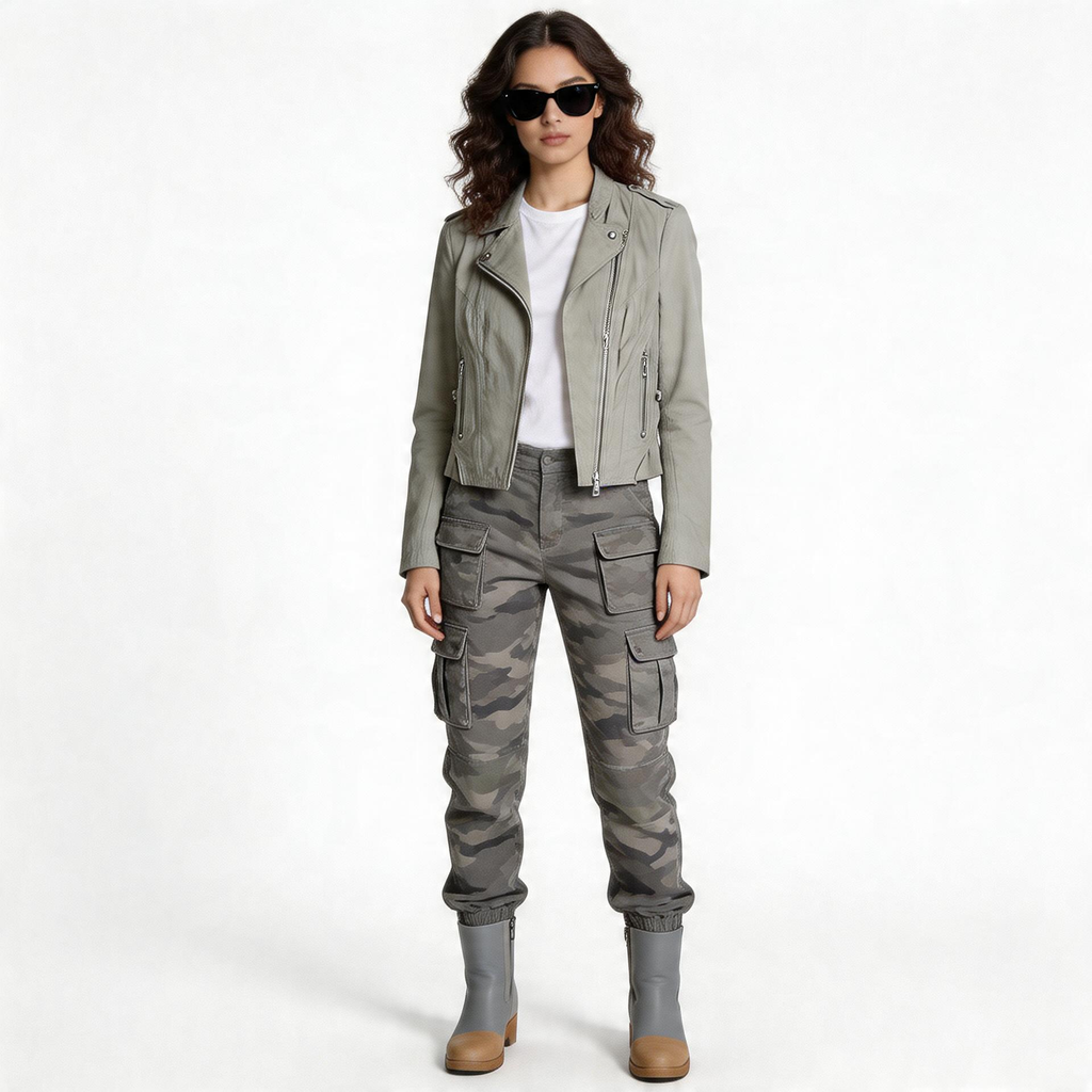 Ladies grey leather jacket.