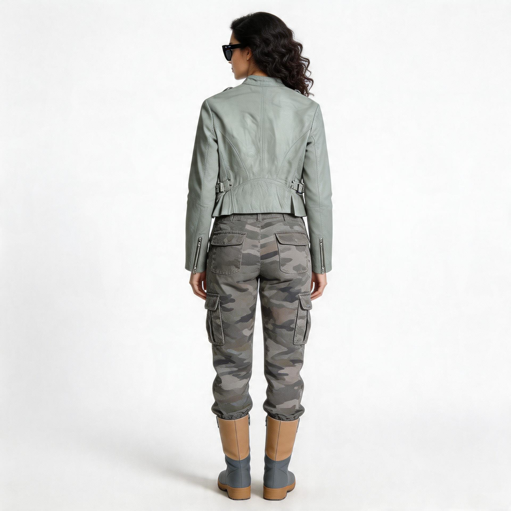 Ladies grey leather jacket.
