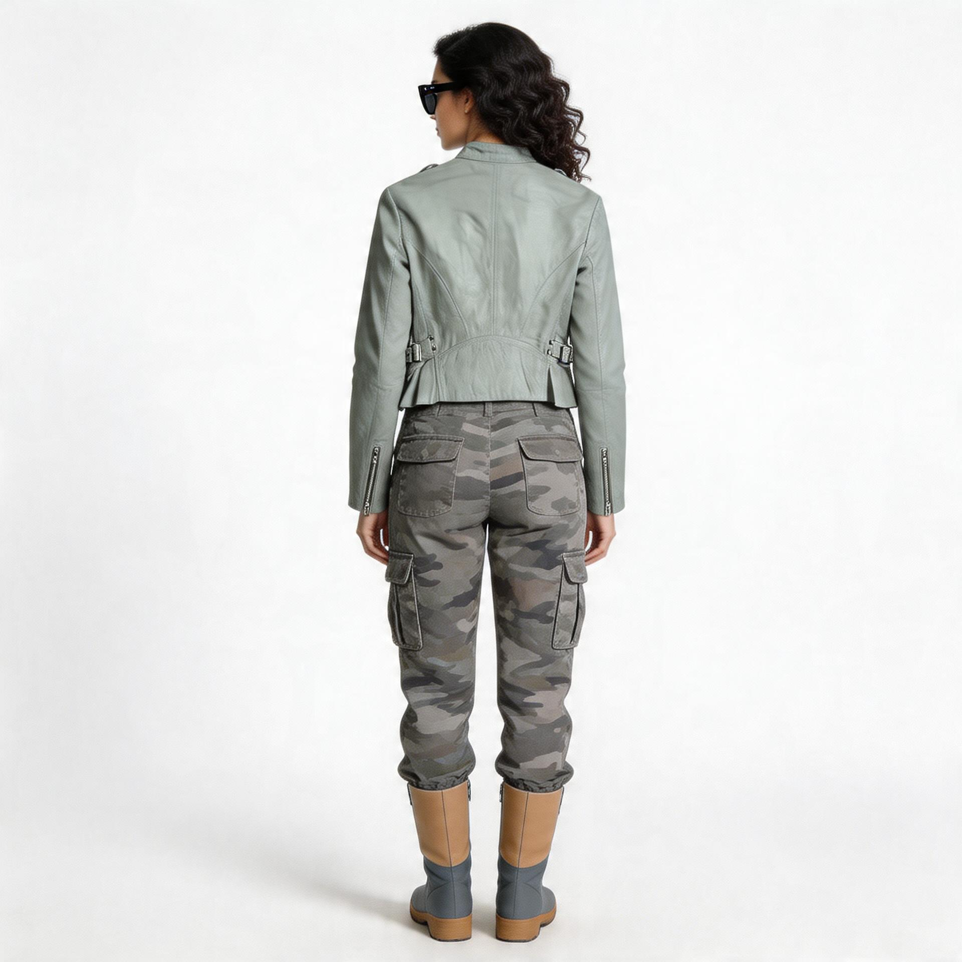 Ladies grey leather jacket.