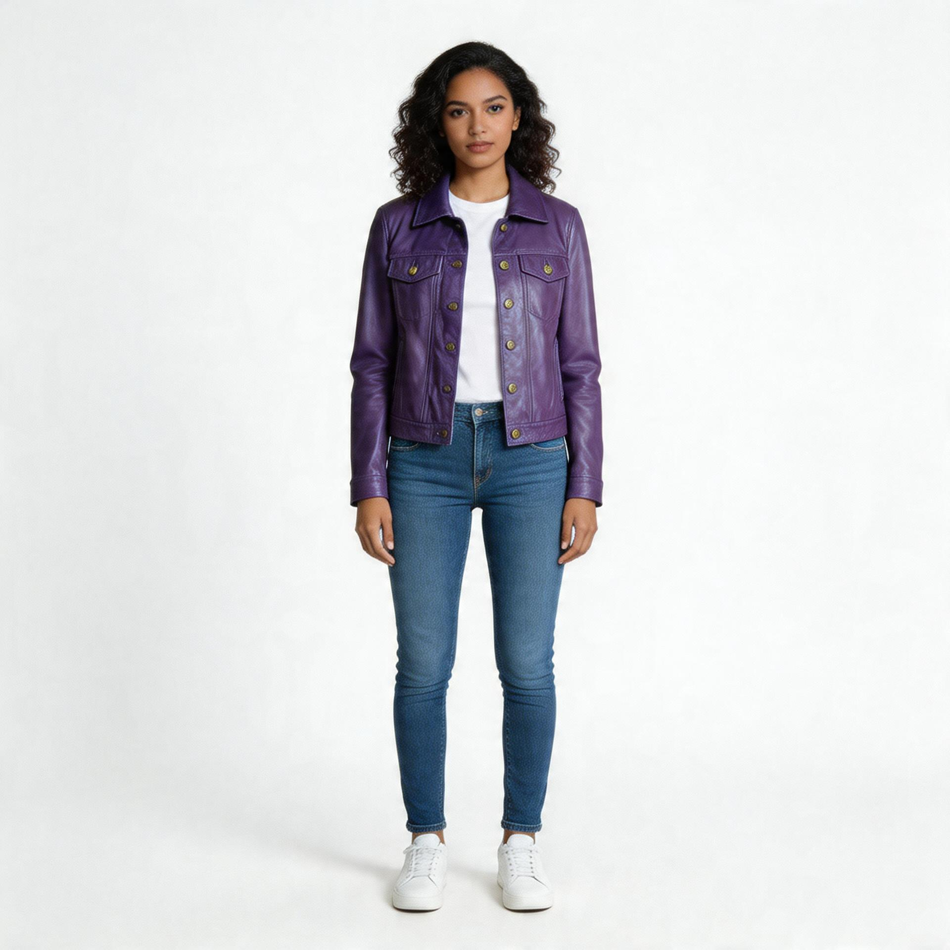 Ladies purple leather jacket.