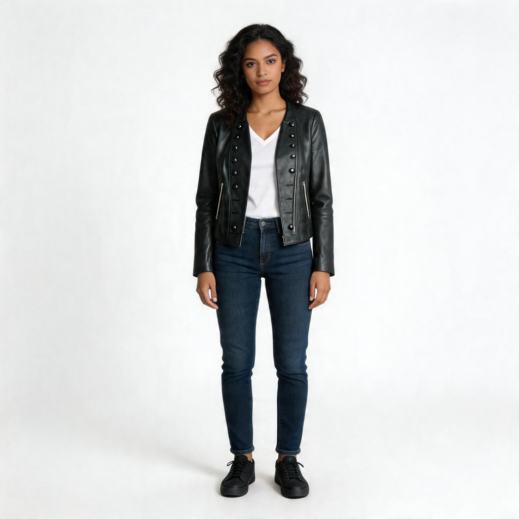 Ladies black leather jacket.