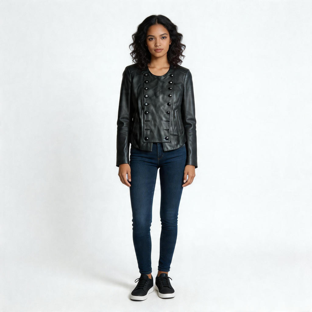 Ladies black leather jacket.