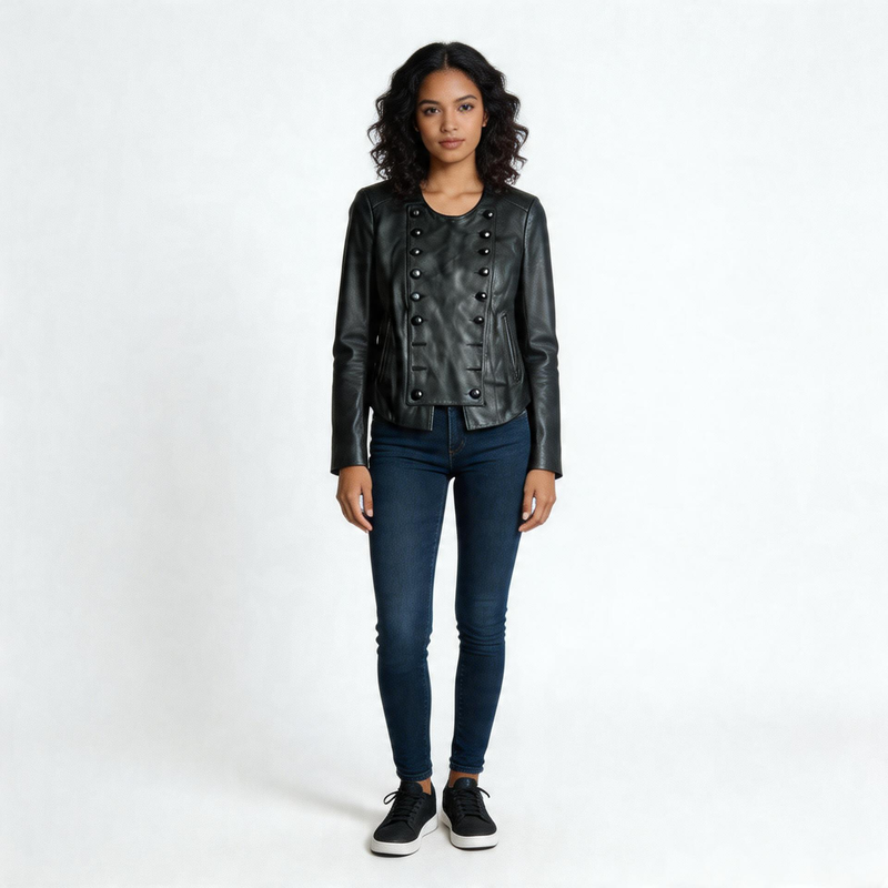 Ladies black leather jacket.