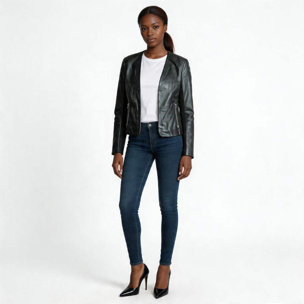 Ladies black leather jacket.