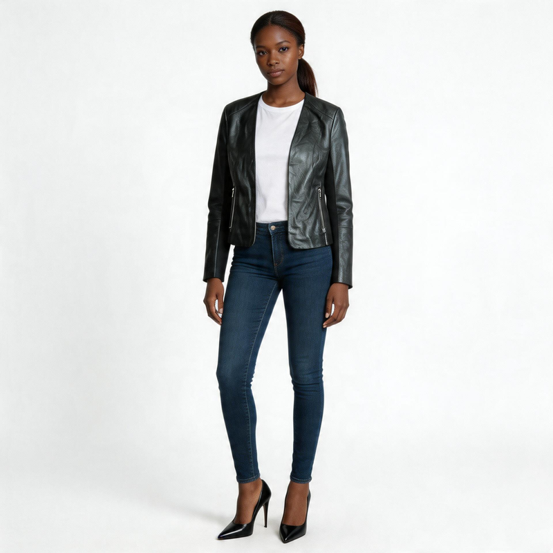 Ladies black leather jacket.