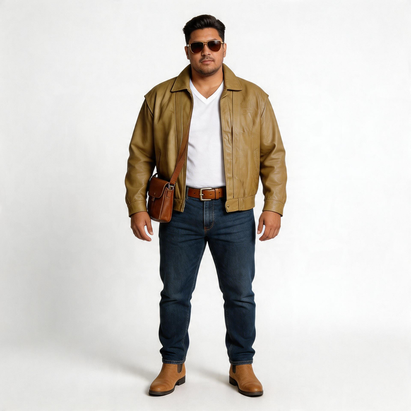 Mans beige leather jacket.