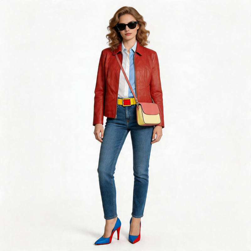 Ladies red leather jacket.