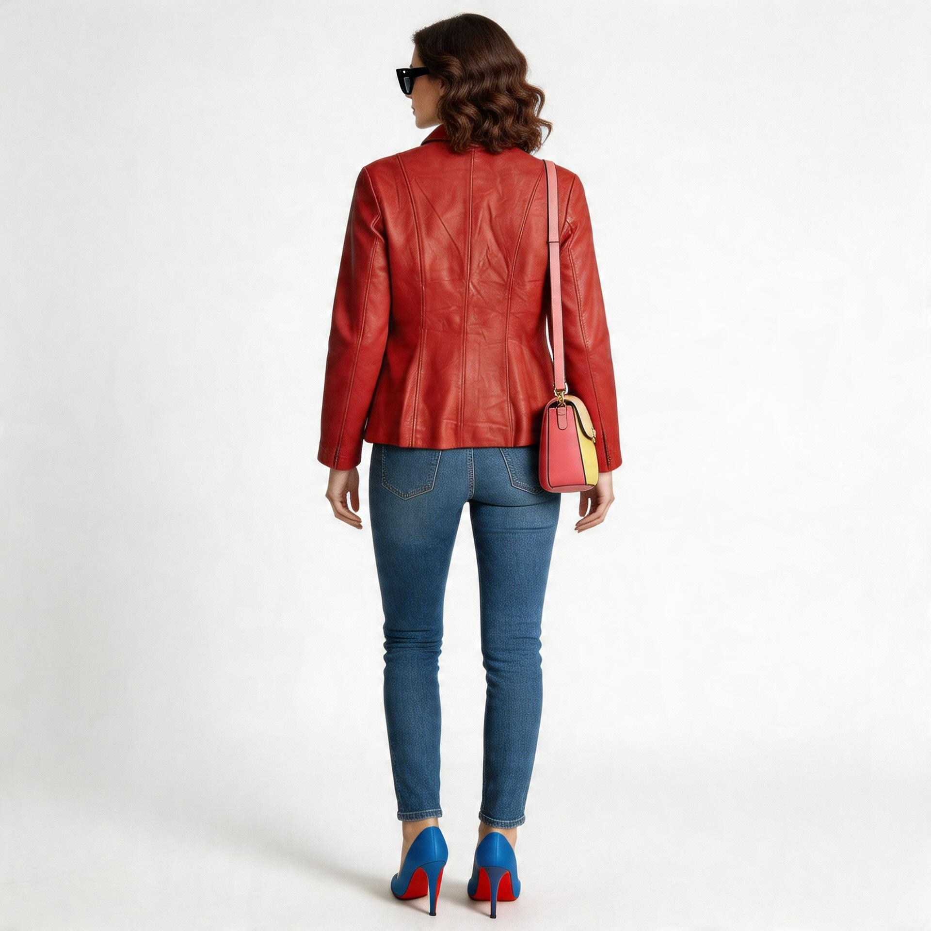 Ladies red leather jacket.